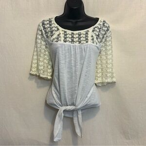 H-150 New Directions‎ White Lace Detail Waist Tie Pullover Blouse Size XLP